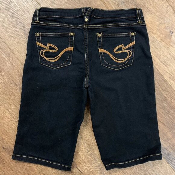 Y2K Southpole EMBROIDERED COPPER & GOLD Bermuda Jean SHORTS 9 Low Rise Dark Wash - Picture 3 of 4